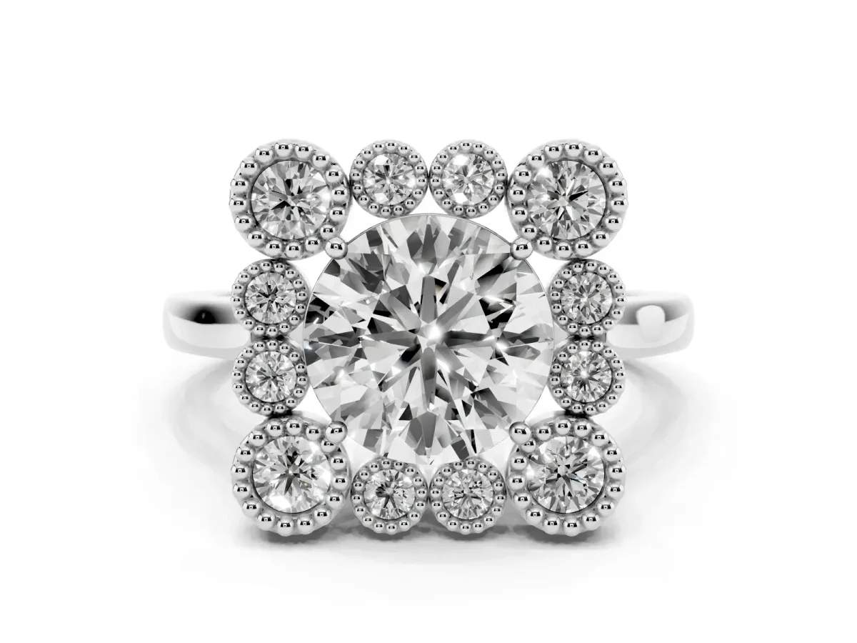 Round Cut Diamond Cluster Halo Ring Set in Silver with Milgrain Bezel Accents and Plain Band