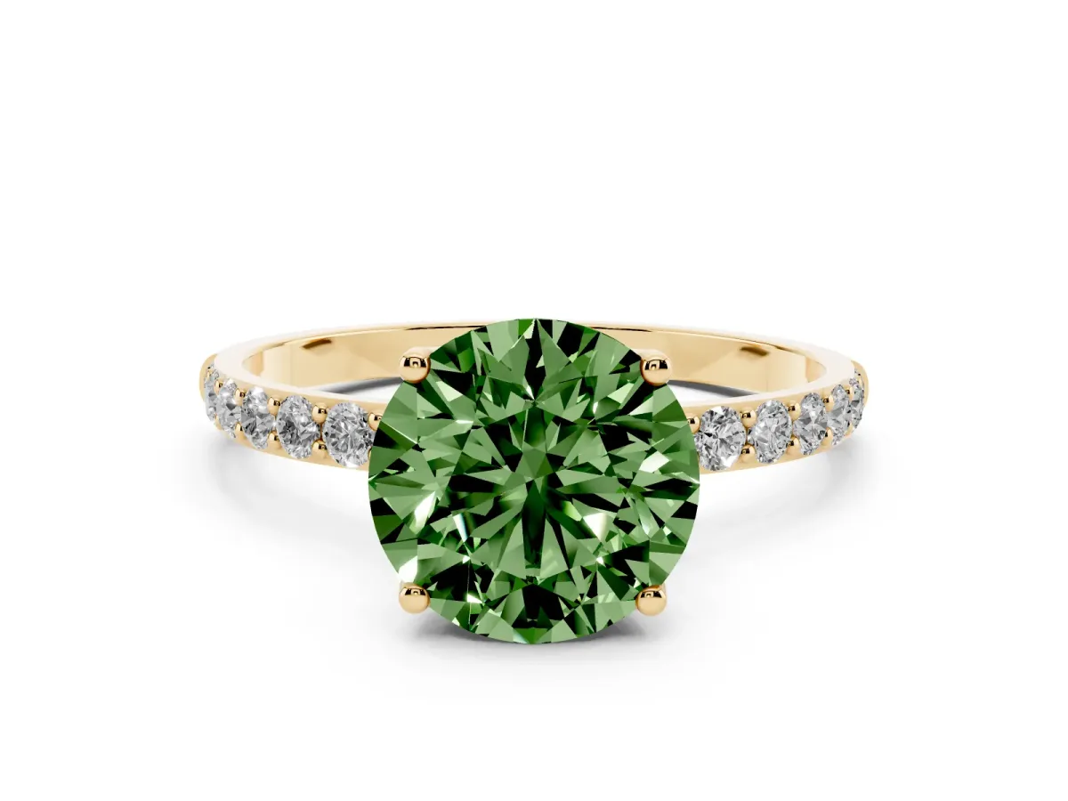 Fancy Green Round Cut Diamond Solitaire Engagement Ring Set in Yellow gold with Round Pavé Band and Prong Setting