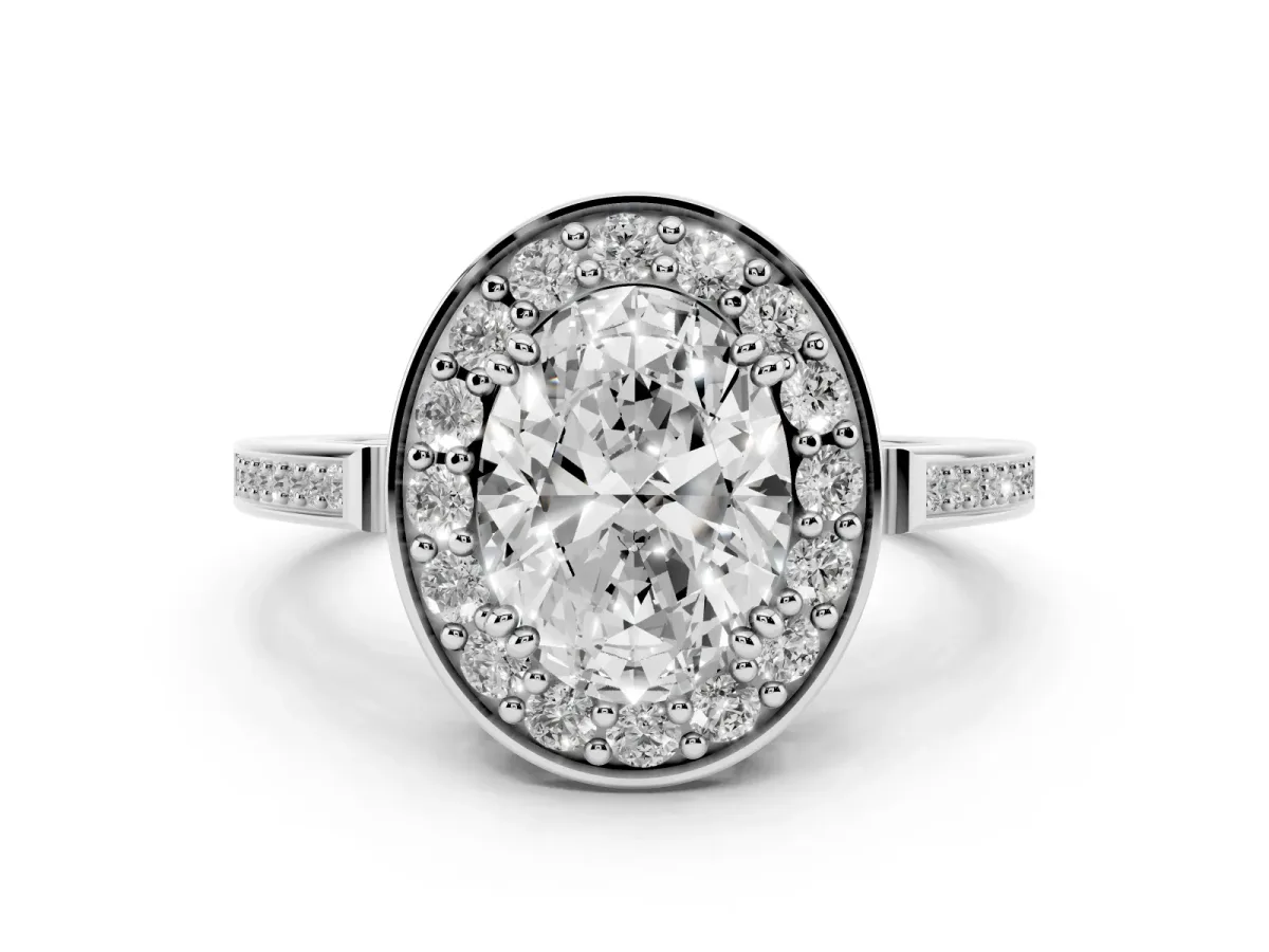Oval Cut Diamond Halo Ring Set in Platinum with Accent-Lined Split Shank and Prong Setting
