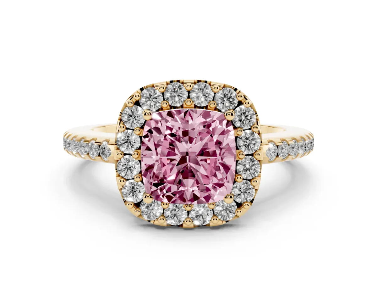 Fancy Pink Cushion Cut Diamond Pavé Halo Ring Set in Yellow gold with Prong Setting