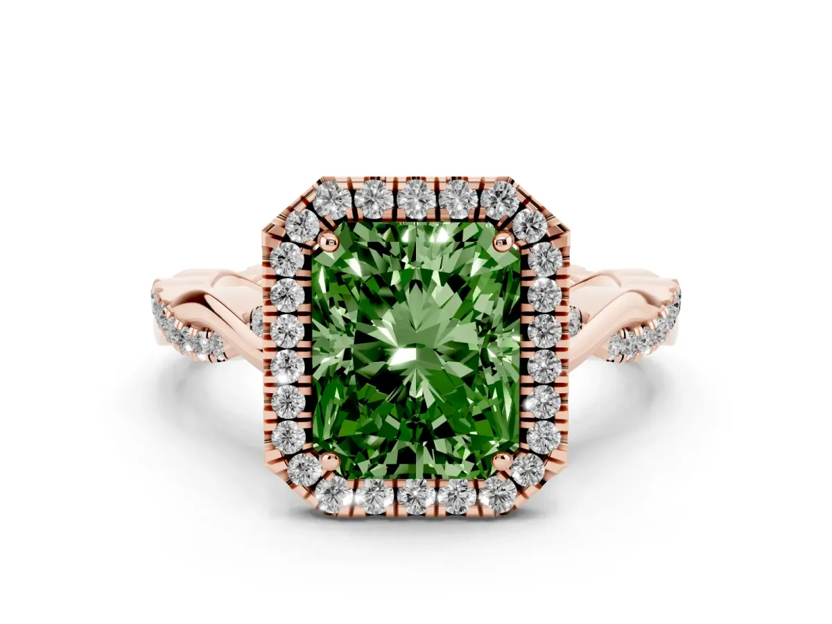 Fancy Green Radiant Cut Diamond Halo Twist Band Solitaire Ring Set in Rose gold with Prong Setting