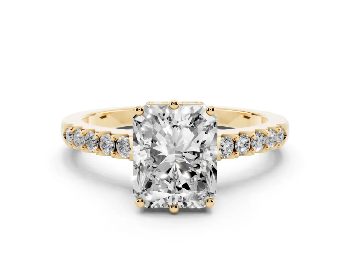 Radiant Cut Diamond Solitaire Engagement Ring Set in Yellow gold with Pavé Band and Prong Setting