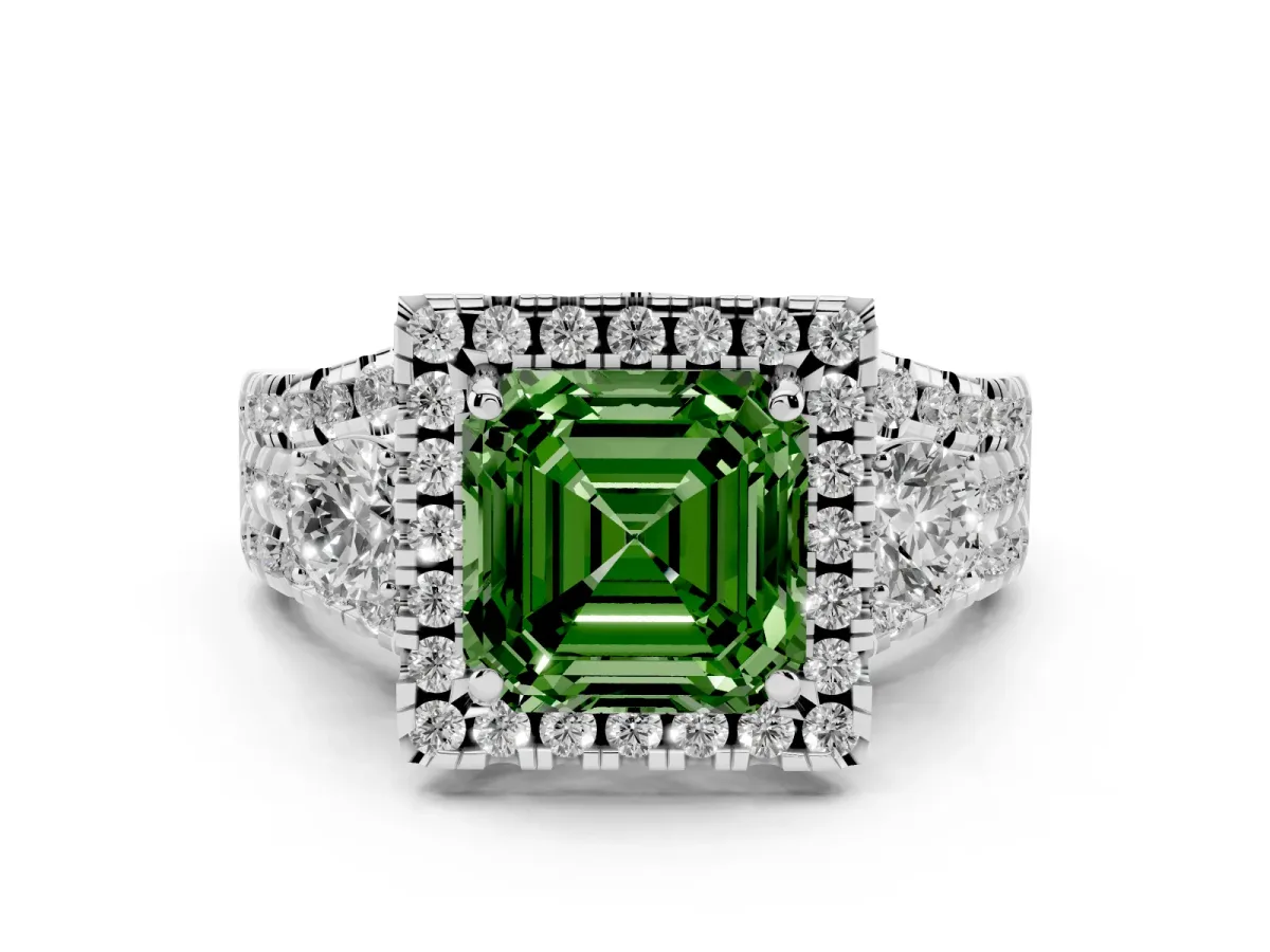 Fancy Green Asscher Cut Diamond Halo Split Shank Ring Set in Silver with Round Accent Stones and Prong Setting