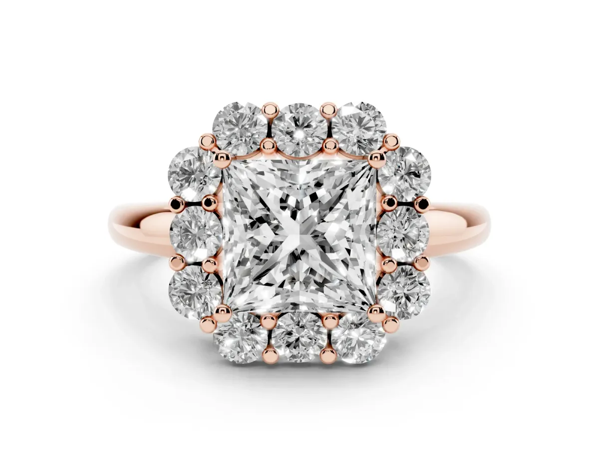 Princess Cut Diamond Milgrain Halo Solitaire Ring Set in Rose gold with Bezel Set Side Stones and Pavé Band