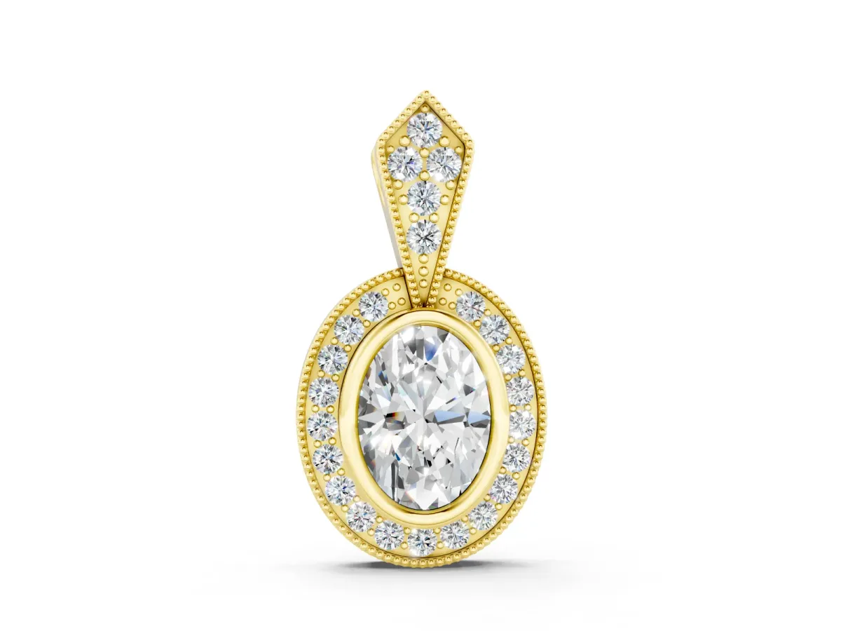 Oval Diamond Halo Pendant Set in Yellow gold with Pavé-Set Frame