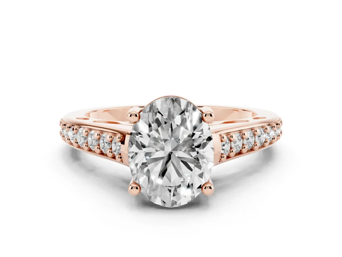 Oval Cut Diamond Prong Set Solitaire Engagement Ring Set in Rose gold with Pavé Band