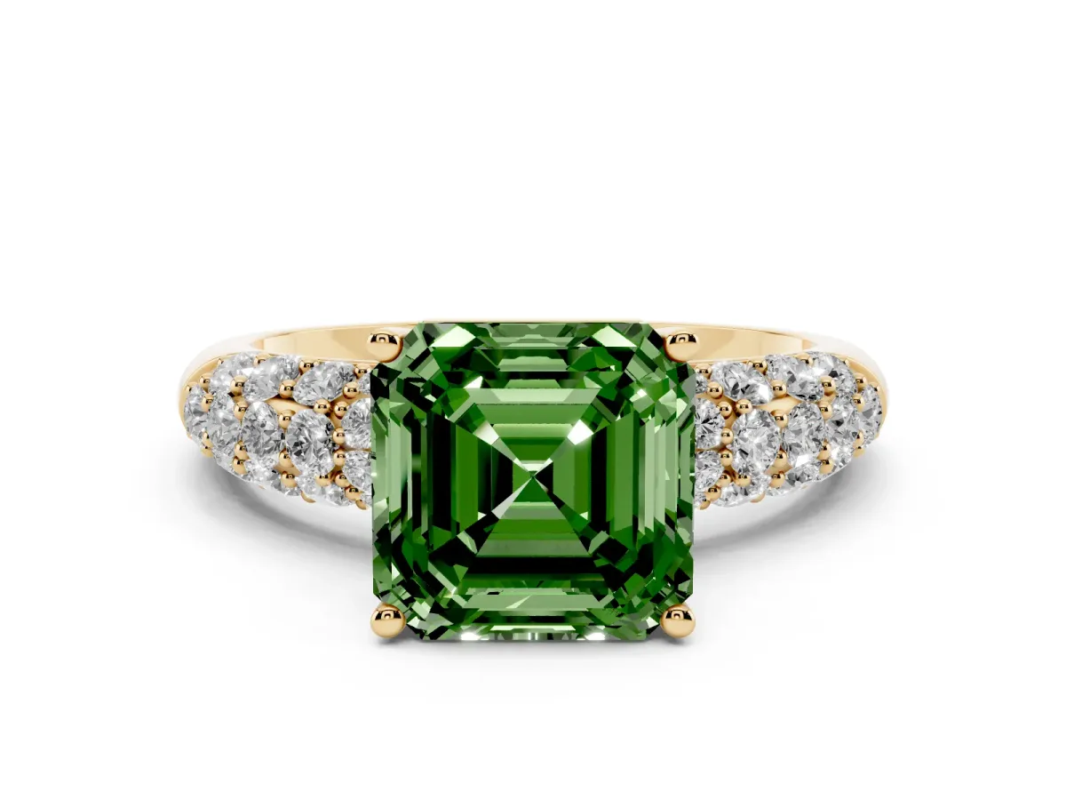 Fancy Green Asscher Cut Diamond Pavé Band Solitaire Ring Set in Yellow gold with Close-Set Accent Stones and Prong Setting