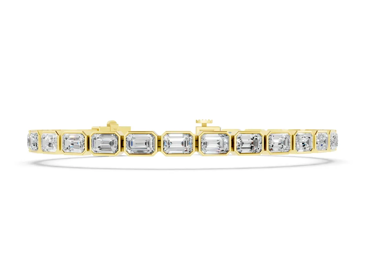 East-West Emerald Cut Diamond Tennis Bracelet Set in Yellow gold with Bezel Setting