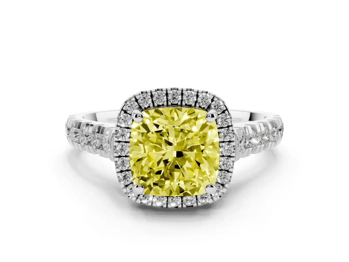 Fancy Yellow Cushion Cut Diamond Halo Engagement Ring Set in Platinum with Pavé Band and Prong-Set Center