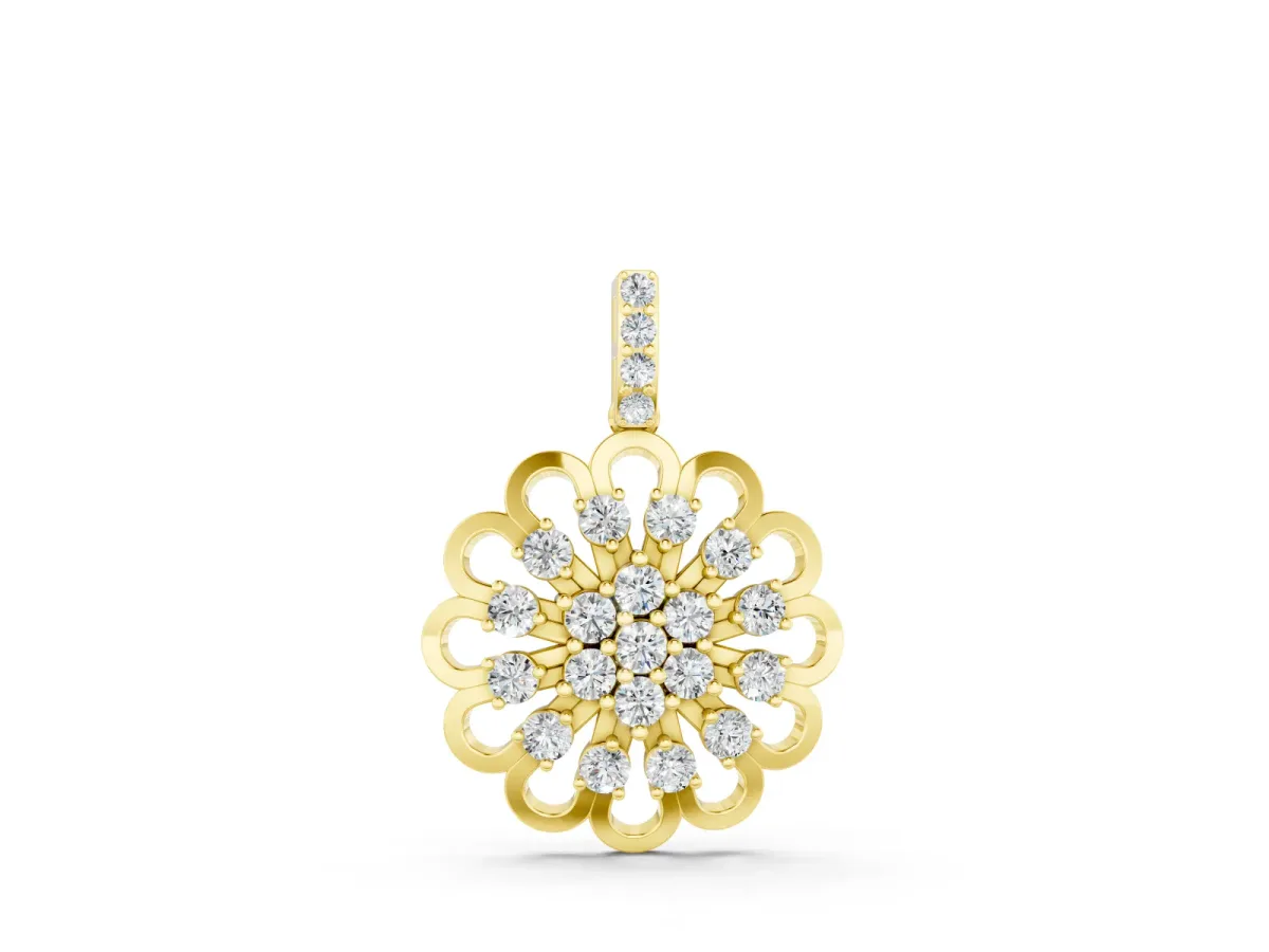 Round Diamond Floral Halo Pendant Set in Yellow gold with Prong-Set Cluster