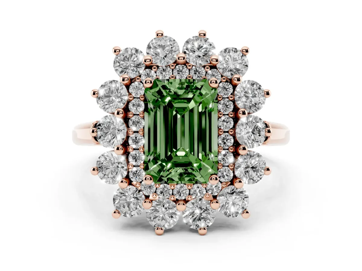 Fancy Green Emerald Cut Diamond Floral Double Halo Ring Set in Rose gold with Round Petals