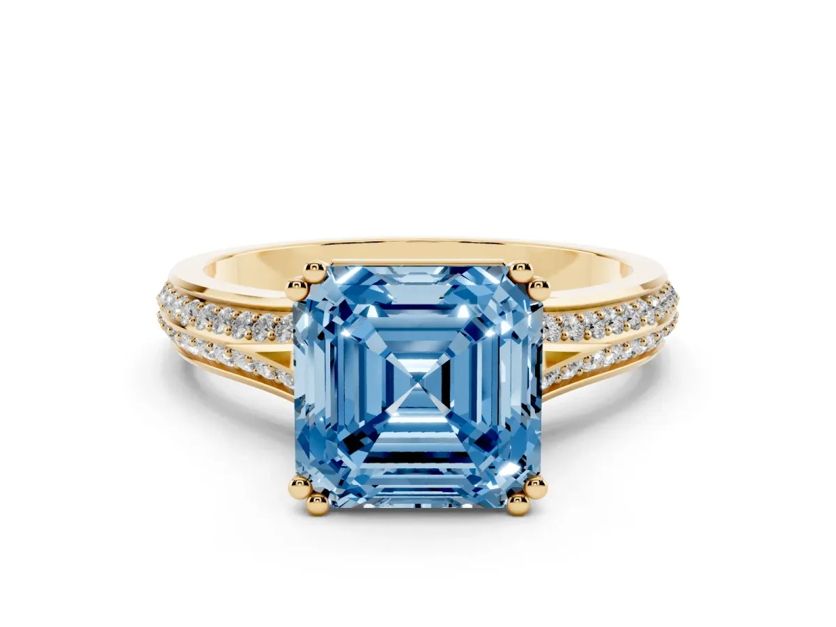 Fancy Blue Asscher Cut Diamond Split Shank Pavé Engagement Ring Set in Yellow gold with Prong-Set Center Stone