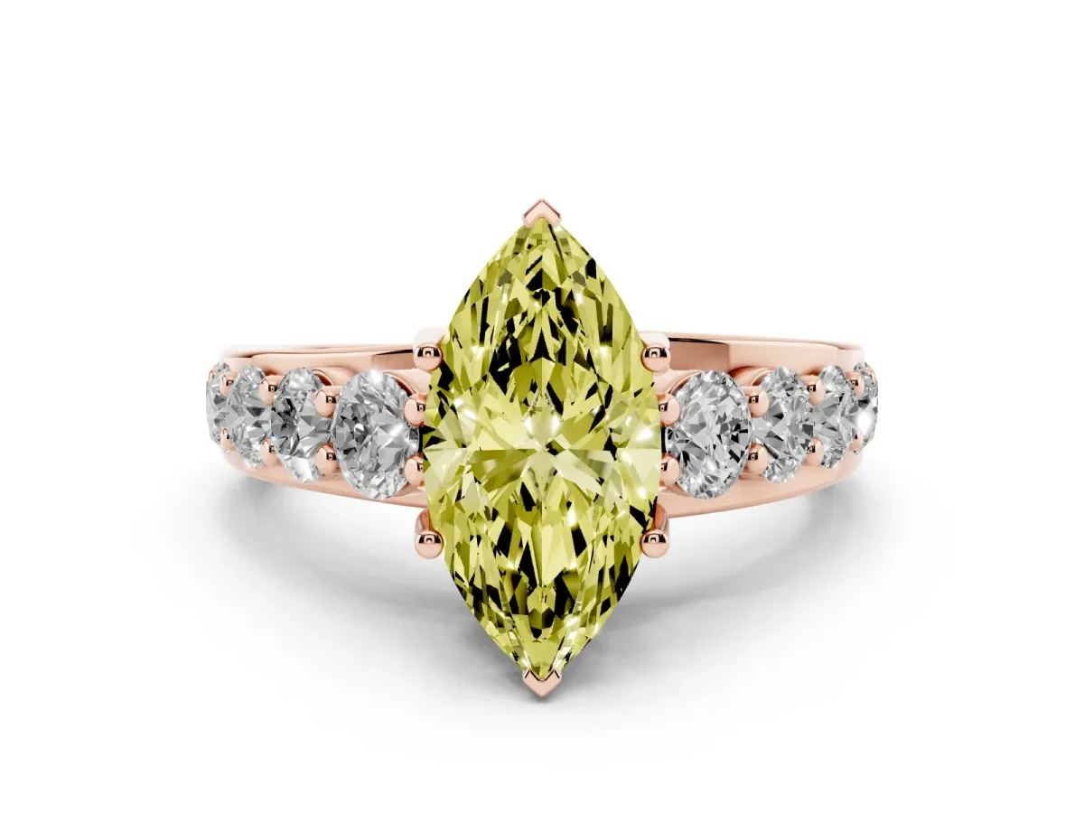 Fancy Yellow Marquise Cut Diamond Pavé Engagement Ring Set in Rose gold with Prong Setting