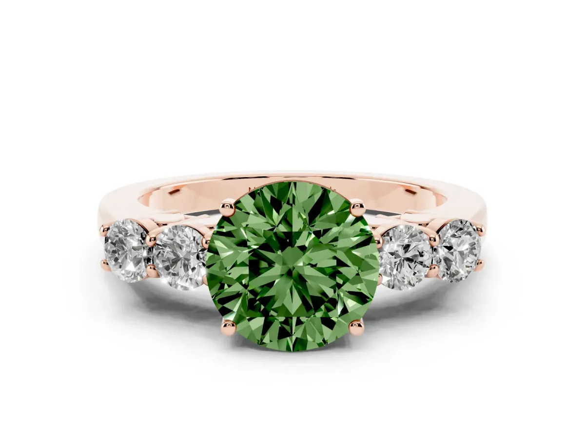 Fancy Green Round Cut Diamond Five-Stone Prong Set Band Ring Set in Rose gold with Polished Band