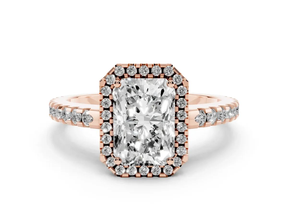 Radiant Cut Diamond Halo Ring Set in Rose gold with Pavé Shoulders and Halo-Framed Center