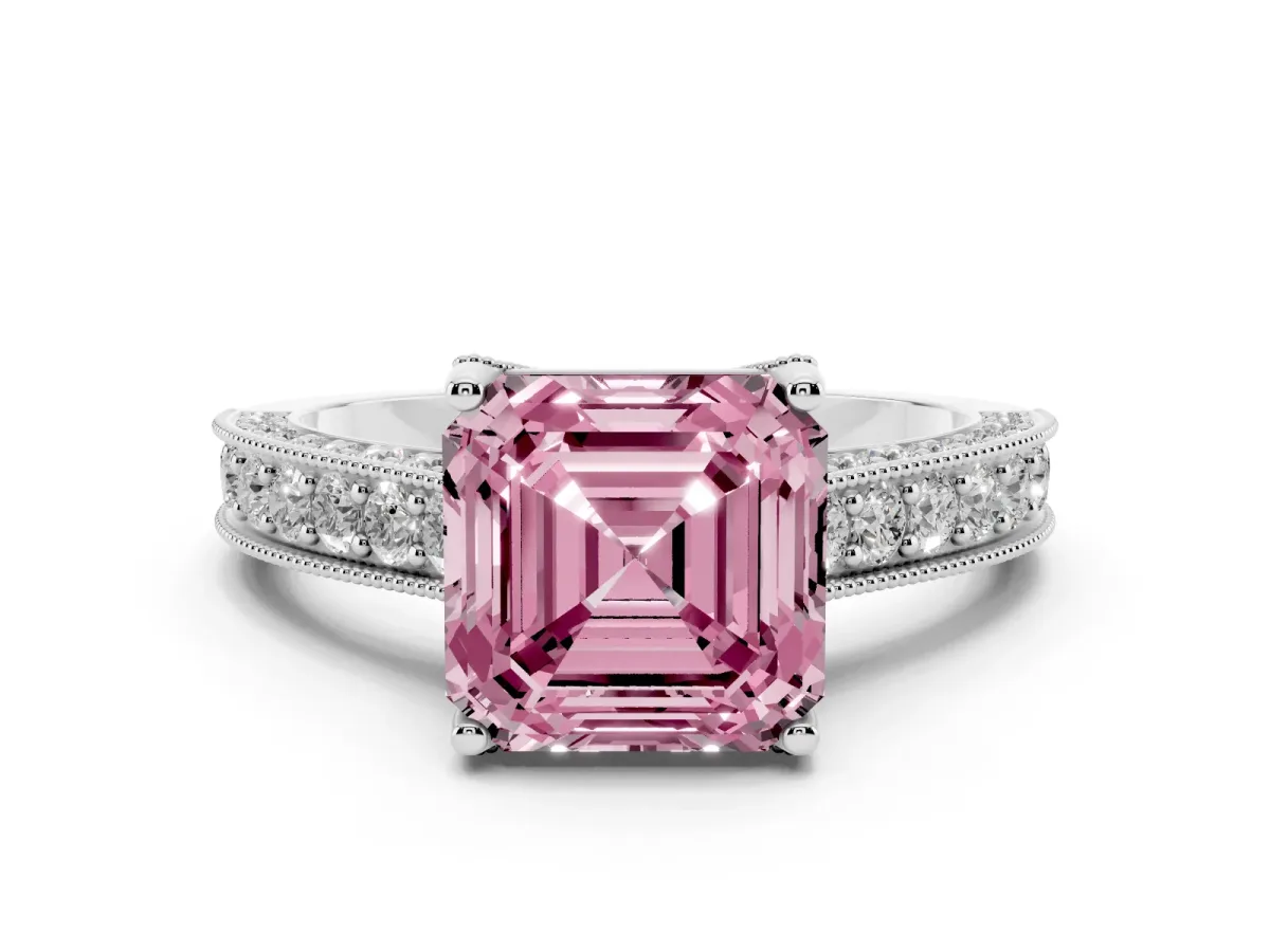 Fancy Pink Asscher Cut Diamond Solitaire Ring Set in Silver with Milgrain-Edged Pavé Band and Prong Setting