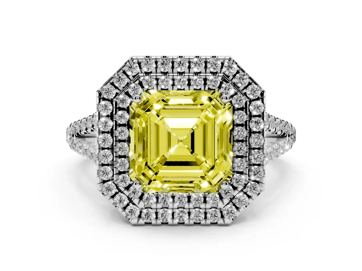 Fancy Yellow Asscher Cut Diamond Double Halo Ring Set in Platinum with Pavé Band