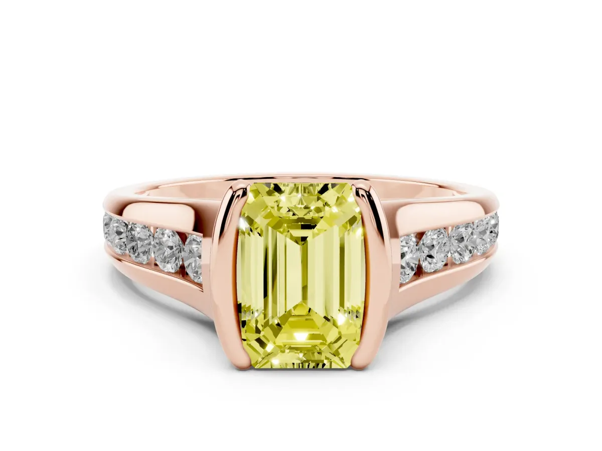 Fancy Yellow Emerald Cut Diamond Bezel-Set Solitaire Ring Set in Rose gold with Channel-Set Band