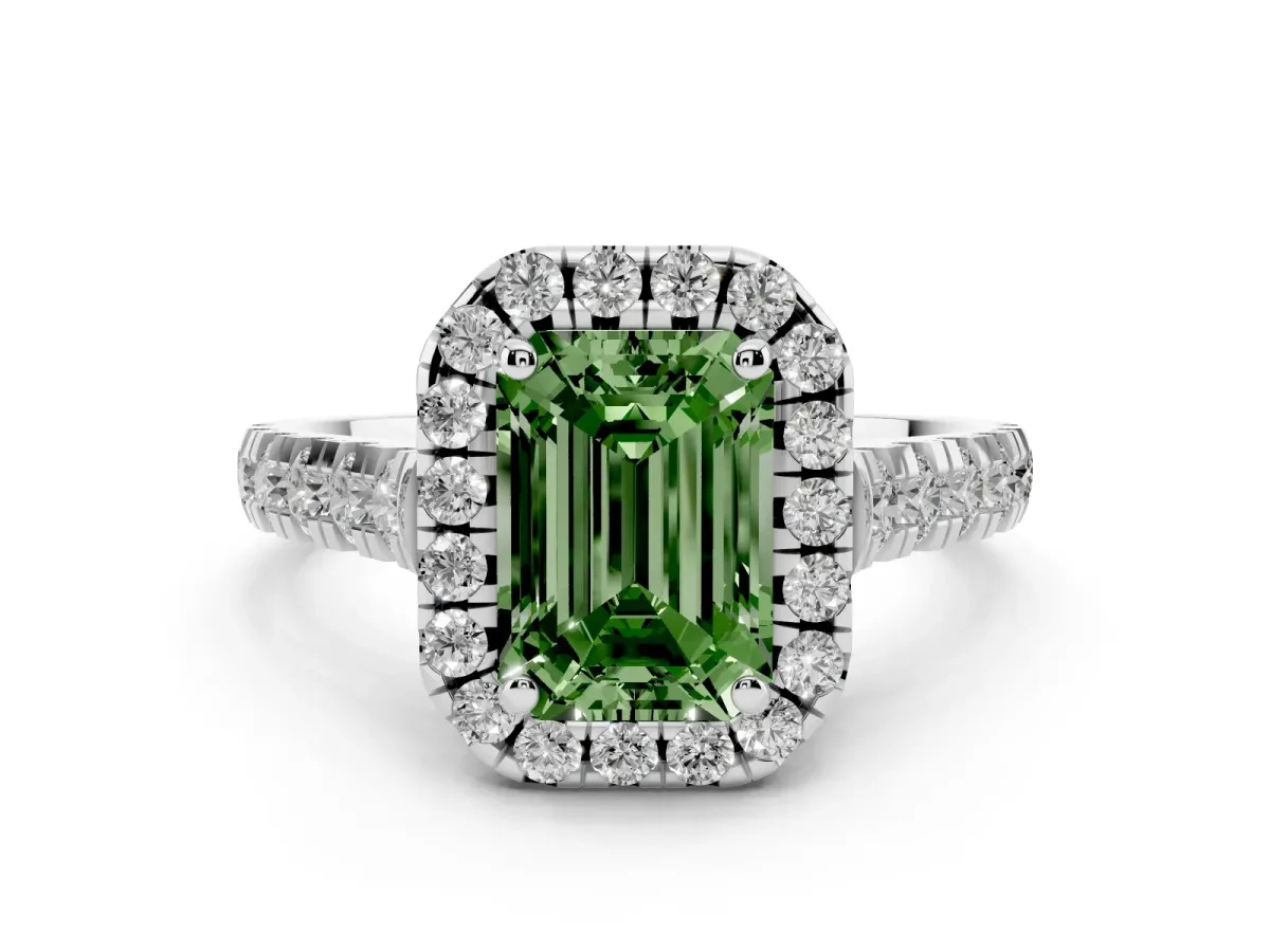 Fancy Green Emerald Cut Diamond Halo Engagement Ring Set in Platinum with Pavé Band and Prong-Set Center