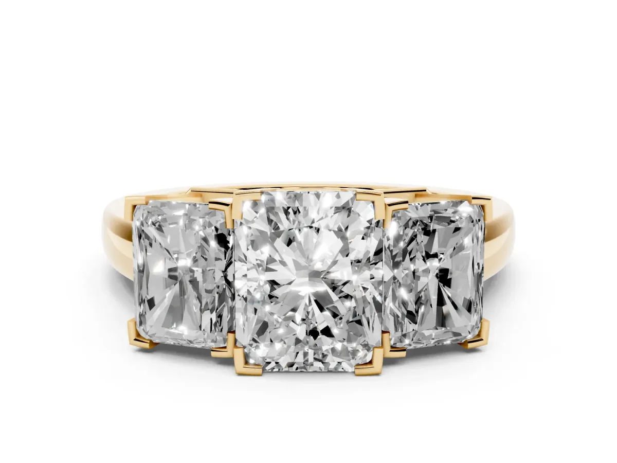Radiant Cut Diamond Three-Stone Ring Set in Yellow gold with Channel-Set Band and Prong Settings