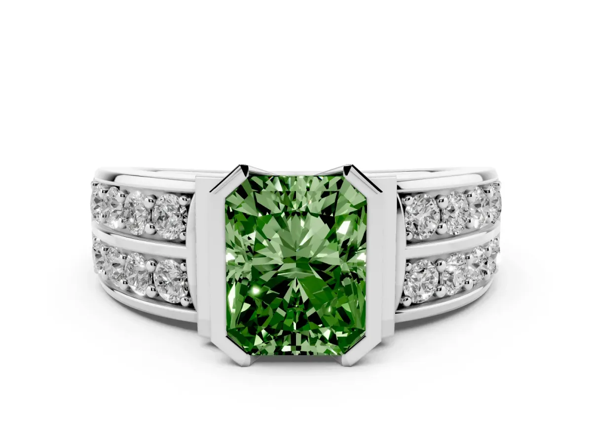 Fancy Green Radiant Cut Diamond Wide Channel Set Band Ring Set in White gold with Bezel Setting