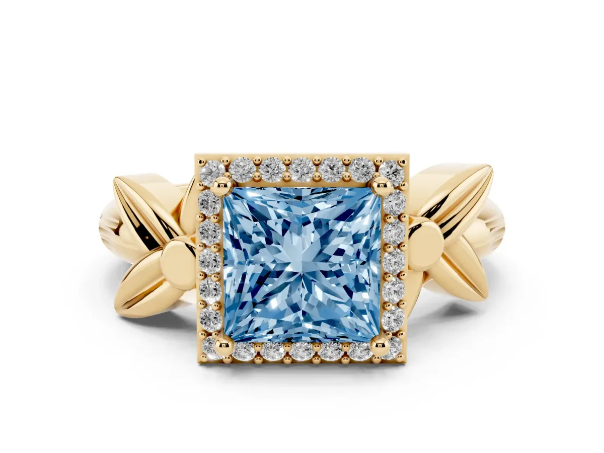 Fancy Blue Princess Cut Diamond Halo Floral Band Ring Set in Yellow gold with Prong Setting