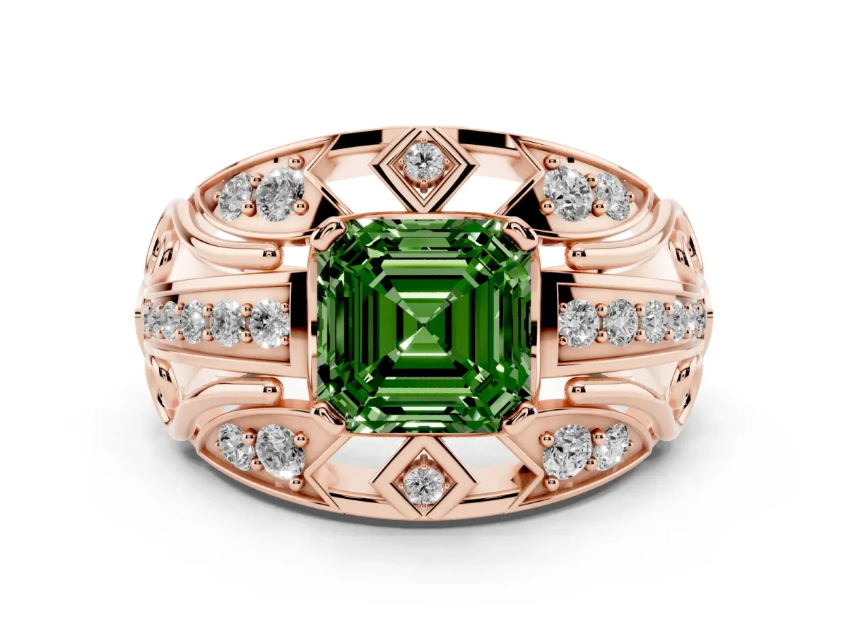 Fancy Green Asscher Cut Diamond Art Deco Ring Set in Rose gold with Pavé Split Shank