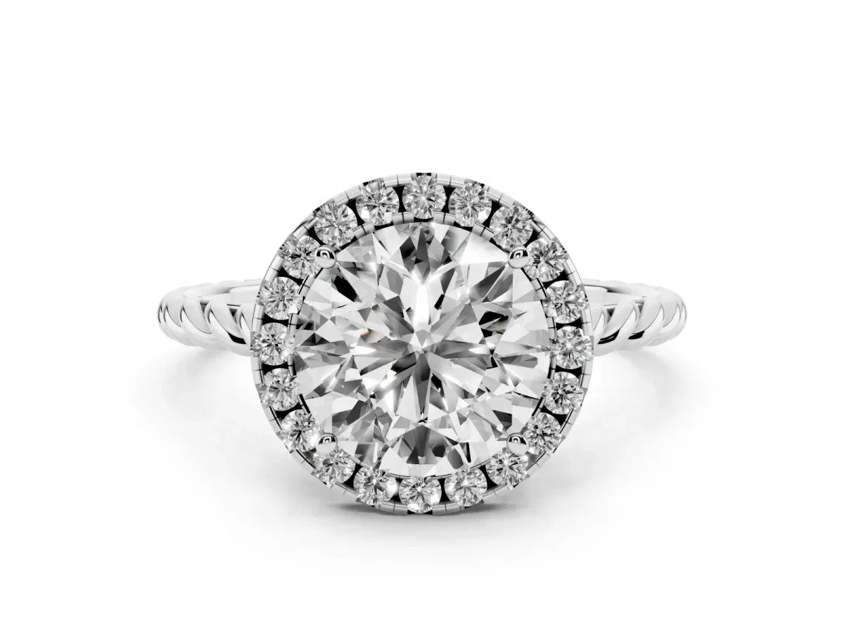 Round Cut Diamond Halo Ring Set in Platinum with Plain Twisted Band