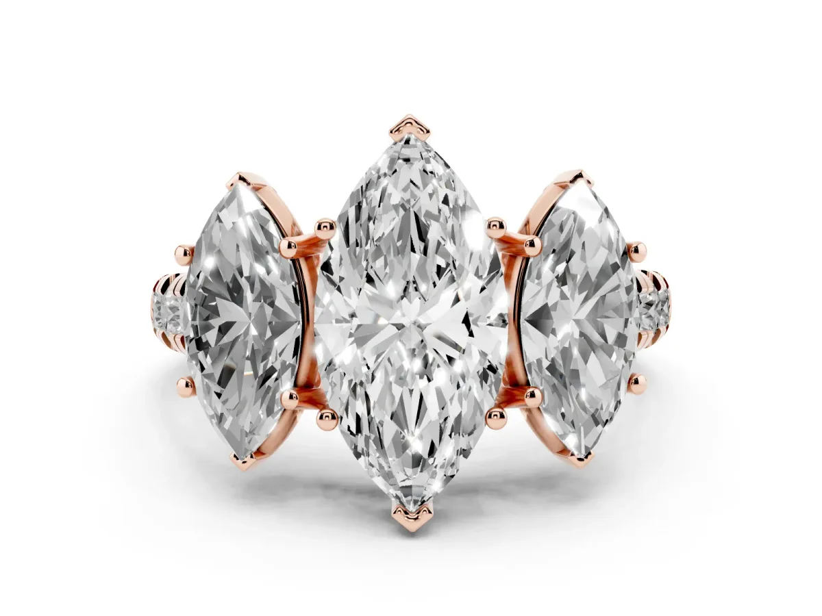 Marquise Cut Diamond Three-Stone Ring Set in Rose gold with Pavé Band