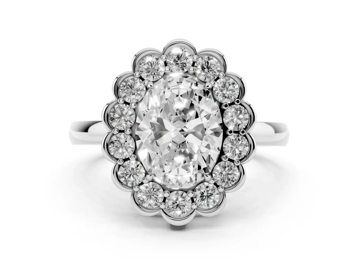 Oval Cut Diamond Halo Cluster Engagement Ring Set in White gold with Solitaire Band and Prong Setting