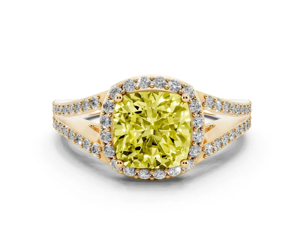 Fancy Yellow Cushion Cut Diamond Halo Split Shank Pavé Ring Set in Yellow gold with Prong Setting