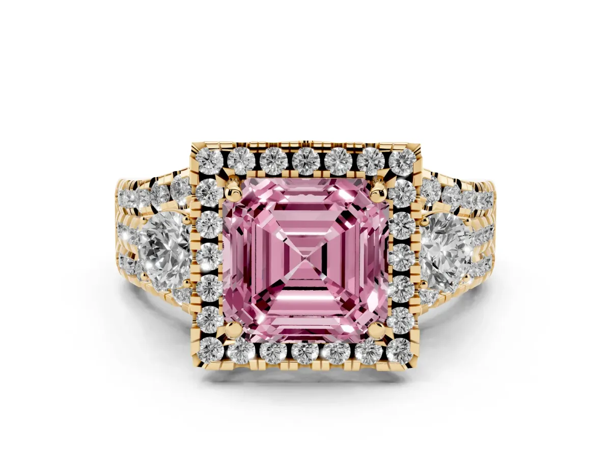 Fancy Pink Asscher Cut Diamond Halo Split Shank Ring Set in Yellow gold with Round Accent Stones and Prong Setting