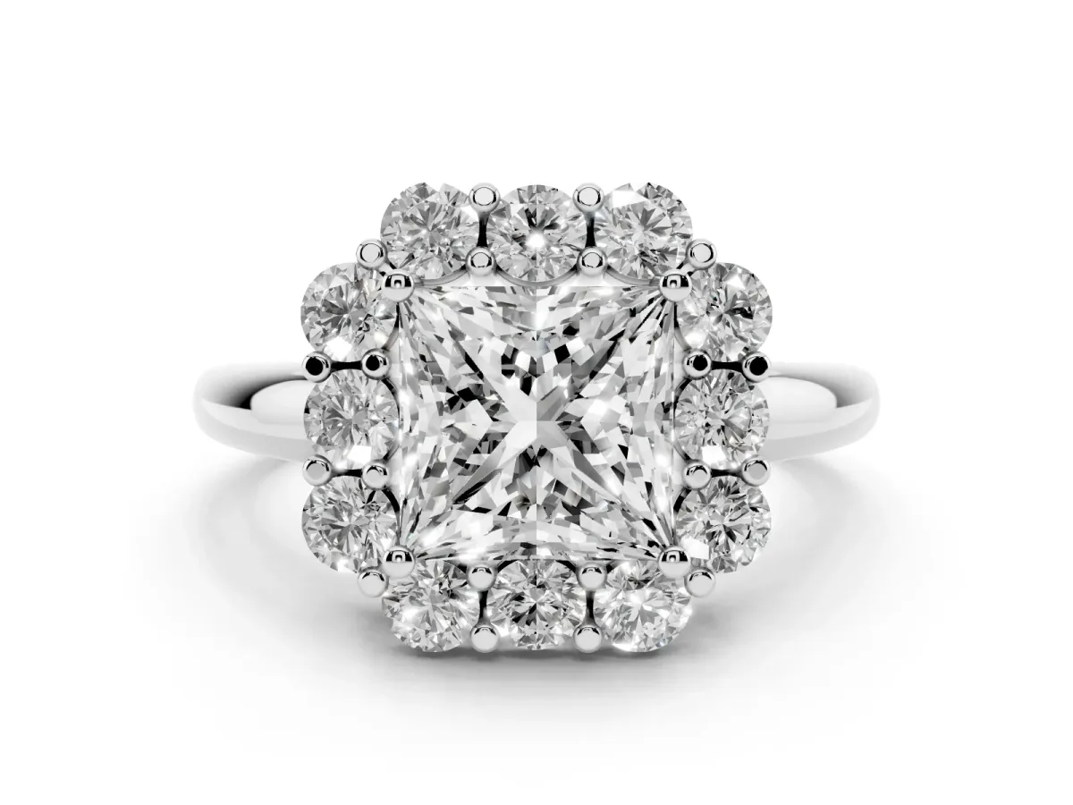 Princess Cut Diamond Milgrain Halo Solitaire Ring Set in White gold with Bezel Set Side Stones and Pavé Band