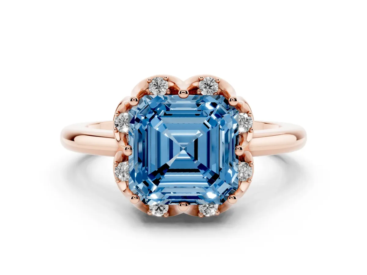Fancy Blue Asscher Cut Diamond Round Cluster Halo Ring Set in Rose gold with Solitaire Band and Prong Setting