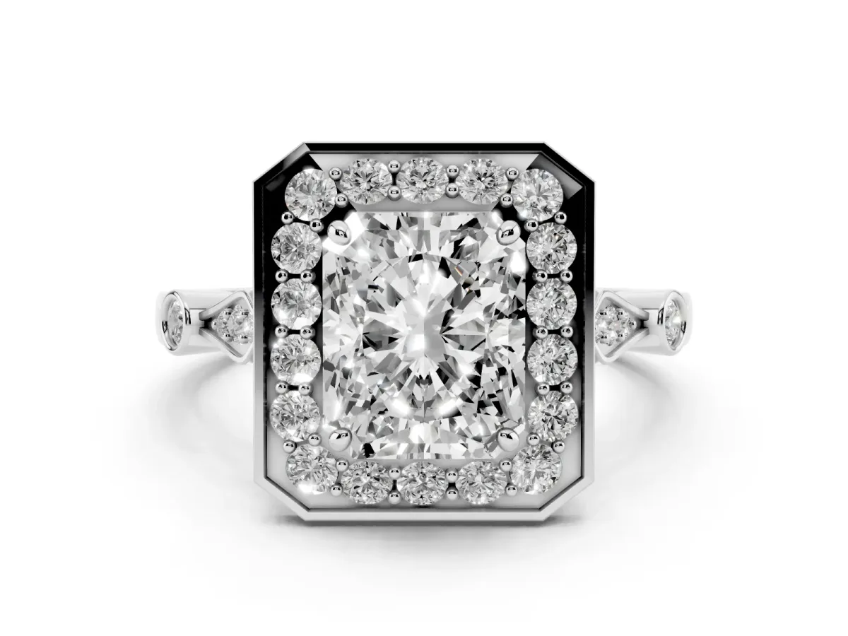 Radiant Cut Diamond Halo Engagement Ring Set in Silver with Twisted Band and Prong Setting