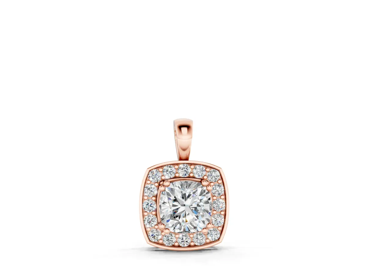 Round Diamond Cushion Halo Pendant Set in Rose gold with Four-Prong Center