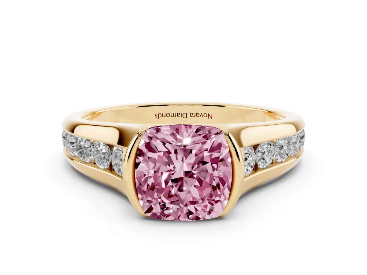 Fancy Pink Cushion Cut Diamond Bezel-Set Solitaire Ring Set in Yellow gold with Channel-Set Band