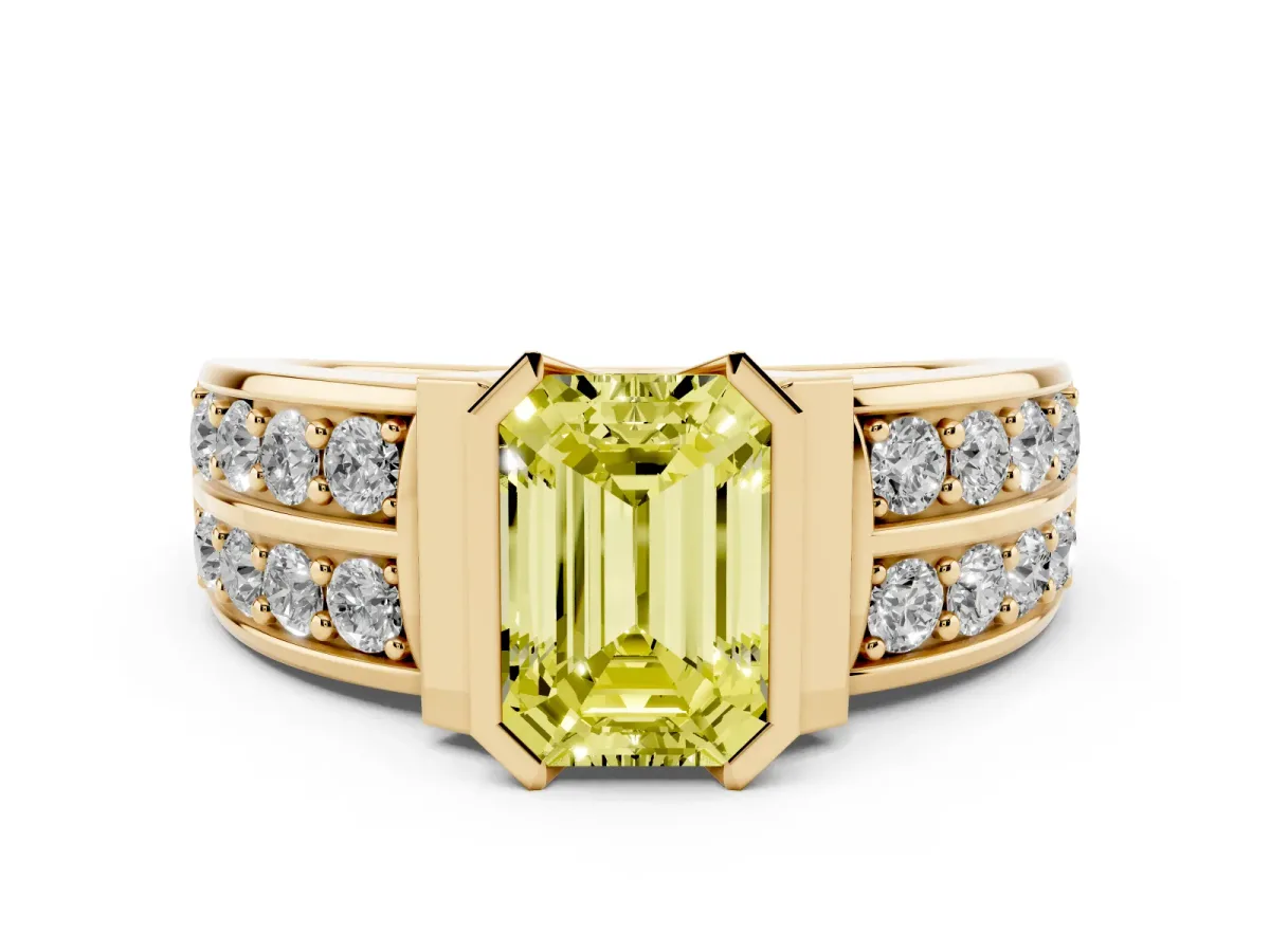 Fancy Yellow Emerald Cut Diamond Wide Channel Set Band Ring Set in Yellow gold with Bezel Setting