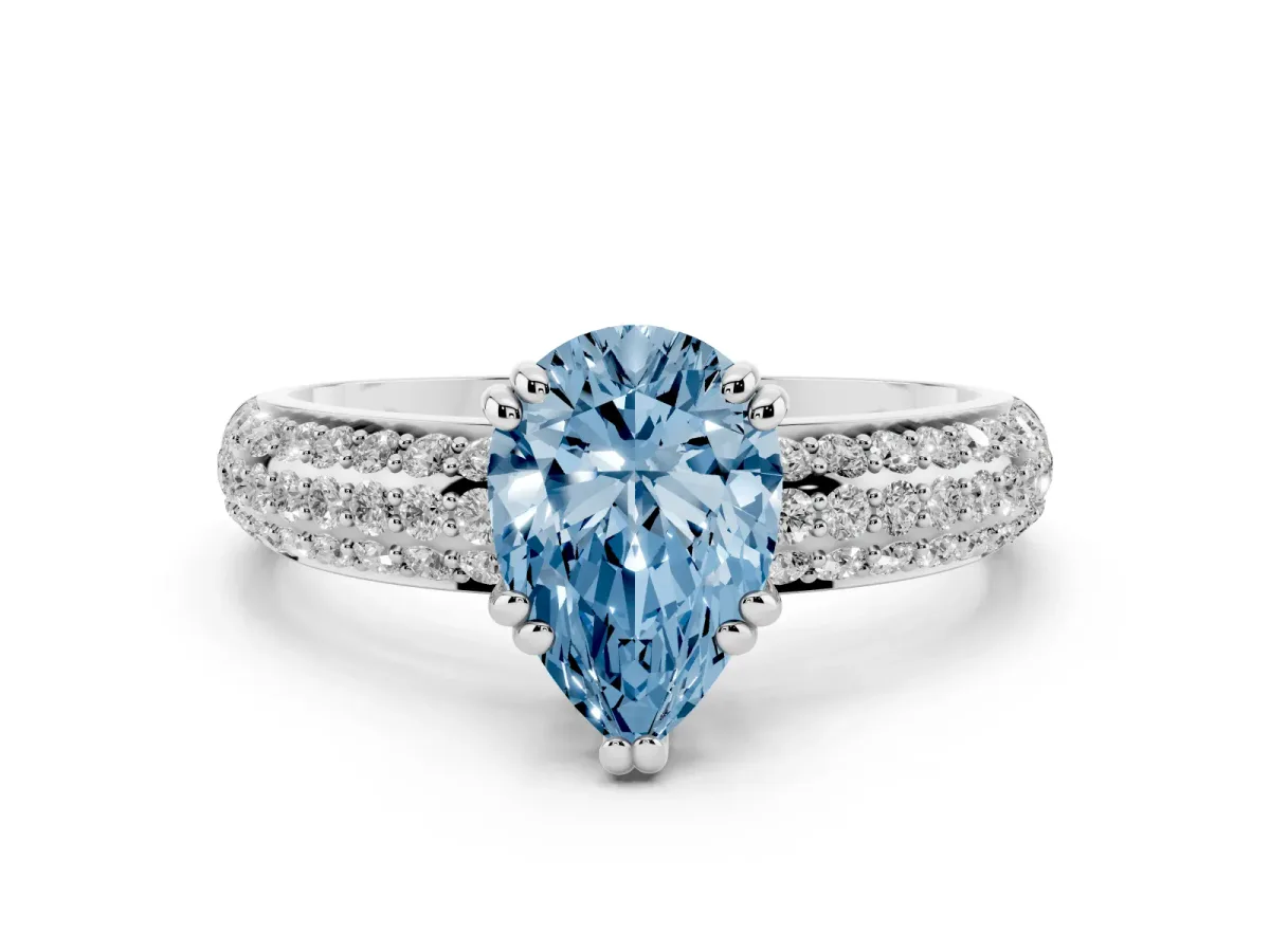 Fancy Blue Pear Cut Diamond Solitaire Ring Set in White gold with Multi-Row Round Pavé Band and Prong Setting