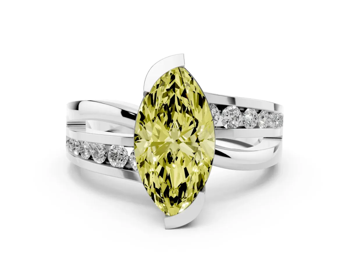 Fancy Yellow Marquise Cut Diamond Solitaire Ring Set in Silver with Channel Set Split Shank and Tension Prongs
