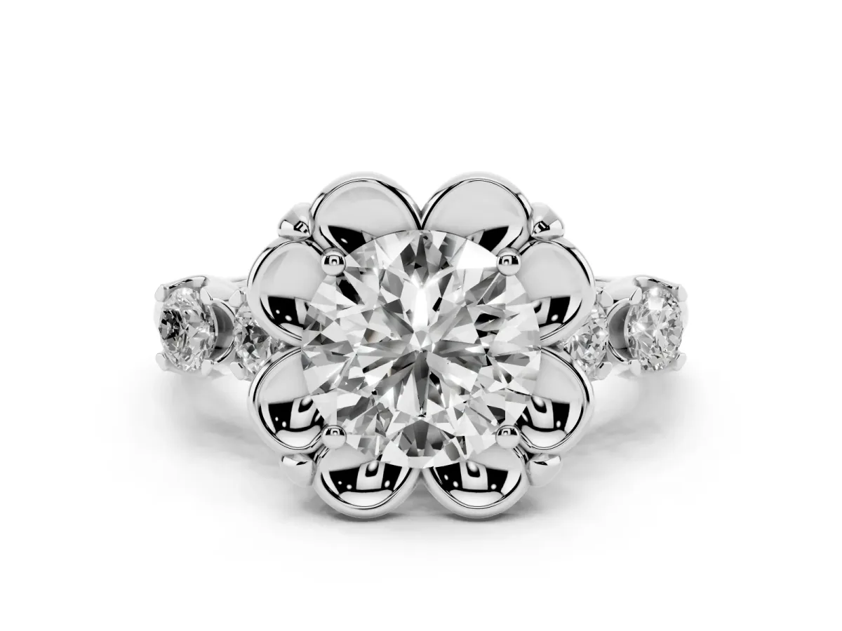Round Cut Diamond Floral Halo Ring Set in Platinum with Shared Prong Band