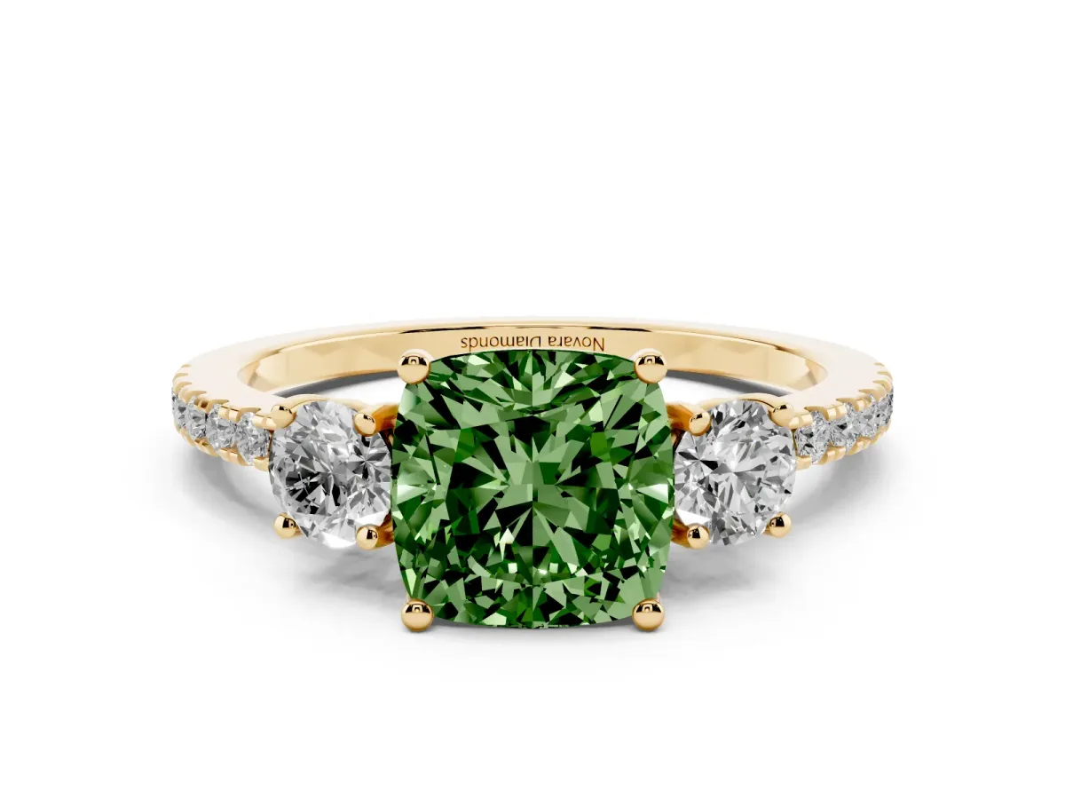 Fancy Green Cushion Cut Diamond Three-Stone Ring Set in Yellow gold with Pavé Band and Graduated Sides