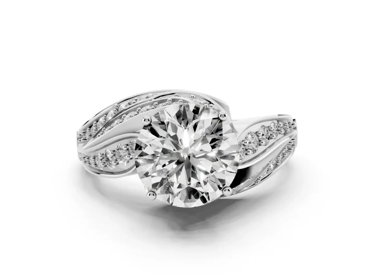 Round Cut Diamond Solitaire Ring Set in White gold with Layered Twist Pavé Band