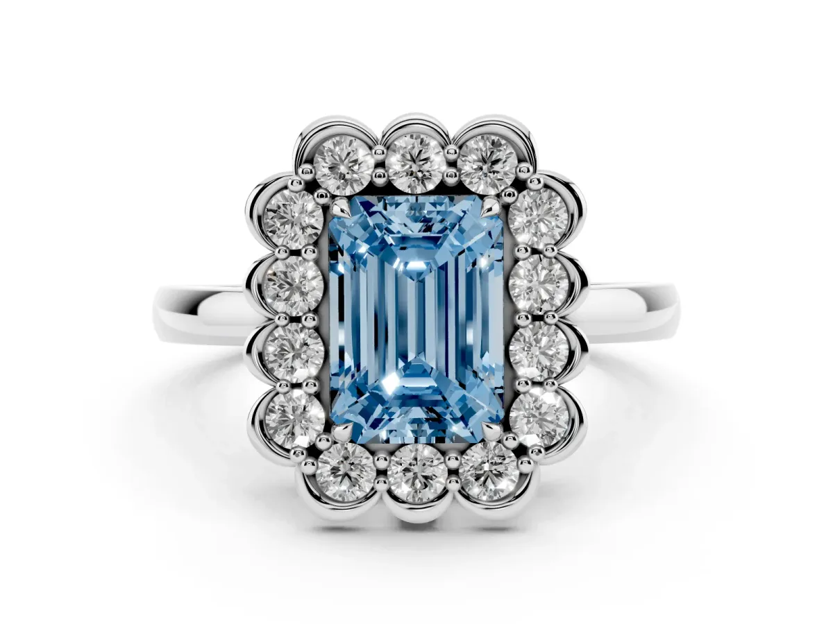 Fancy Blue Emerald Cut Diamond Halo Cluster Engagement Ring Set in Platinum with Solitaire Band and Prong Setting