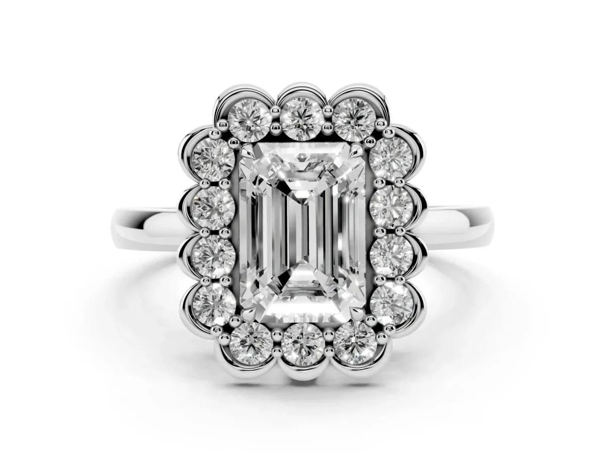 Emerald Cut Diamond Halo Cluster Engagement Ring Set in Platinum with Solitaire Band and Prong Setting