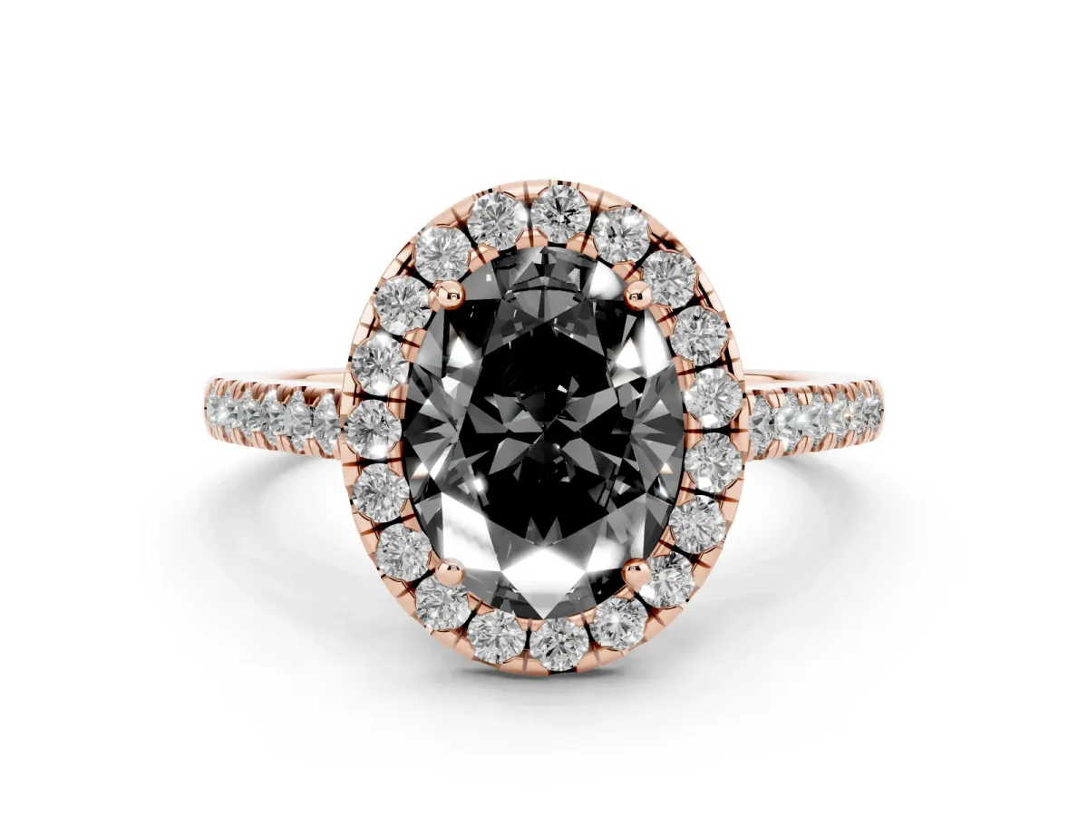 Fancy Black Oval Cut Diamond Halo Pavé Engagement Ring Set in Rose gold with Prong Setting