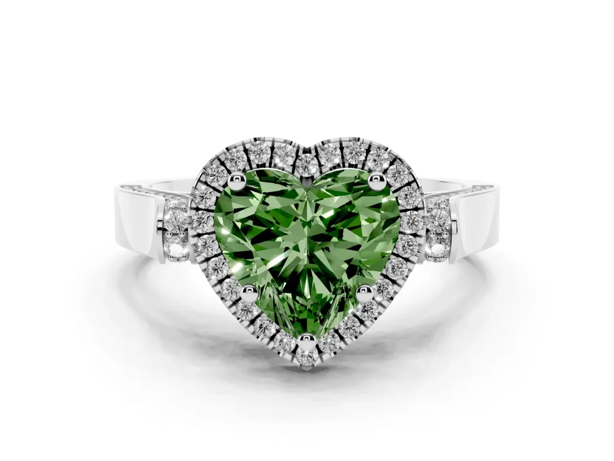 Fancy Green Heart Cut Diamond Halo Ring Set in Silver with Twist Band and Pavé Accents