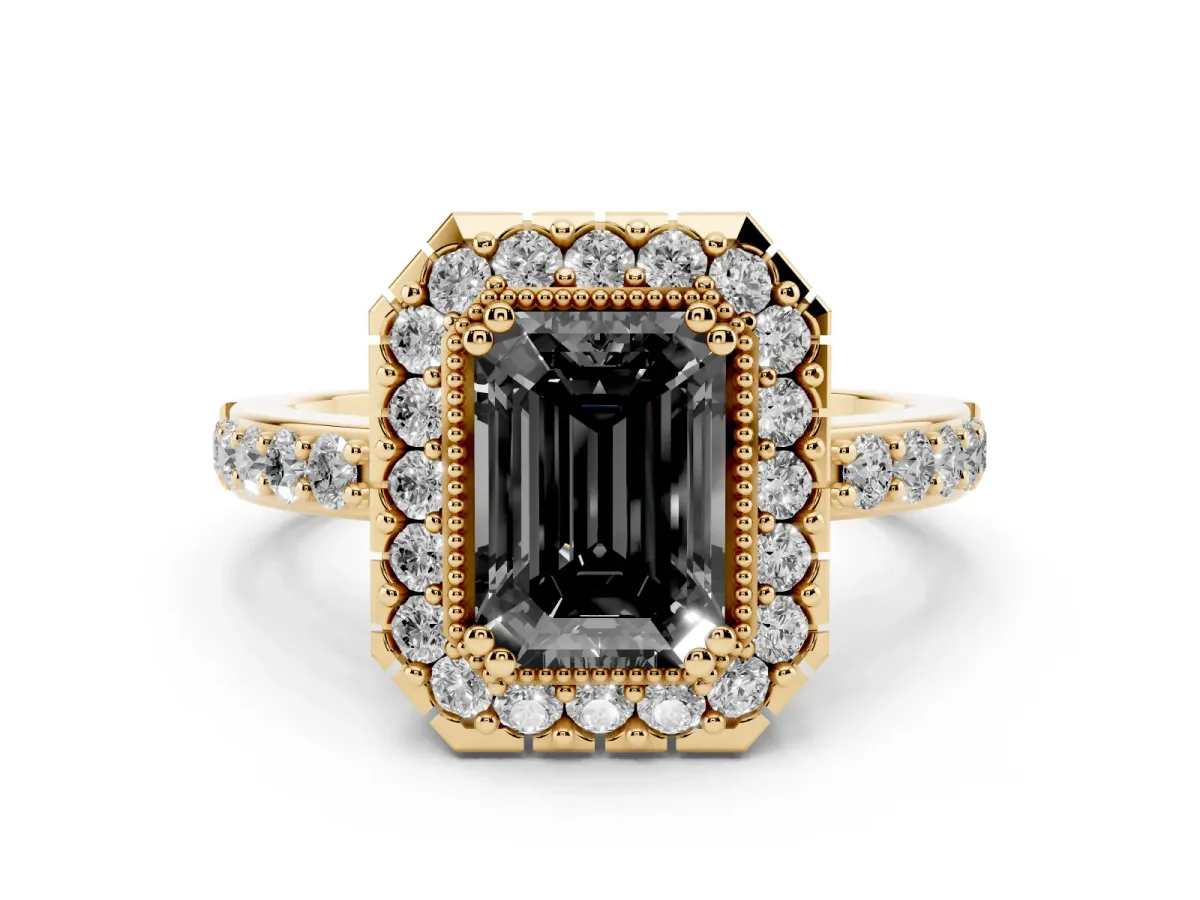 Fancy Black Emerald Cut Diamond Halo Ring Set in Yellow gold with Pavé Shank and Prong Setting