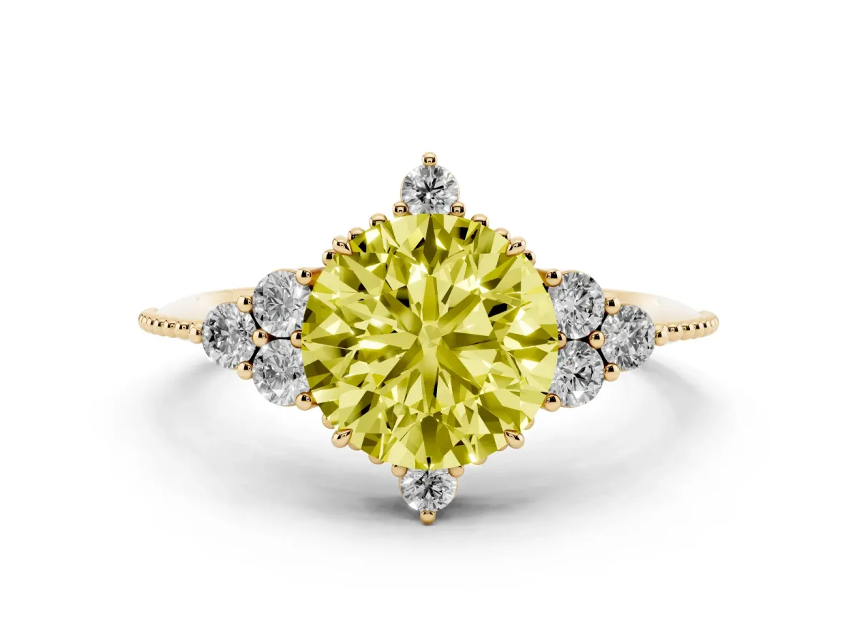 Fancy Yellow Round Cut Diamond Cluster Ring Set in Yellow gold with Beaded Band