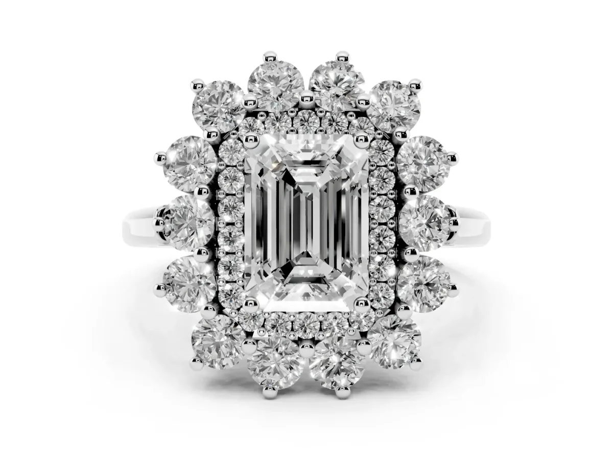 Emerald Cut Diamond Floral Double Halo Ring Set in White gold with Round Petals